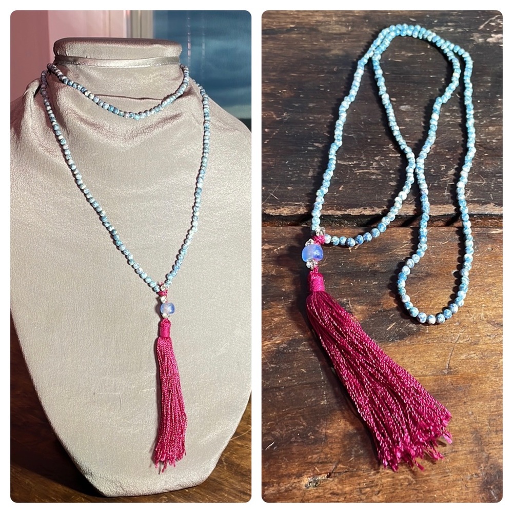BEAD & TASSEL Vintage & New Longline Necklace, Magenta Pink & Blue